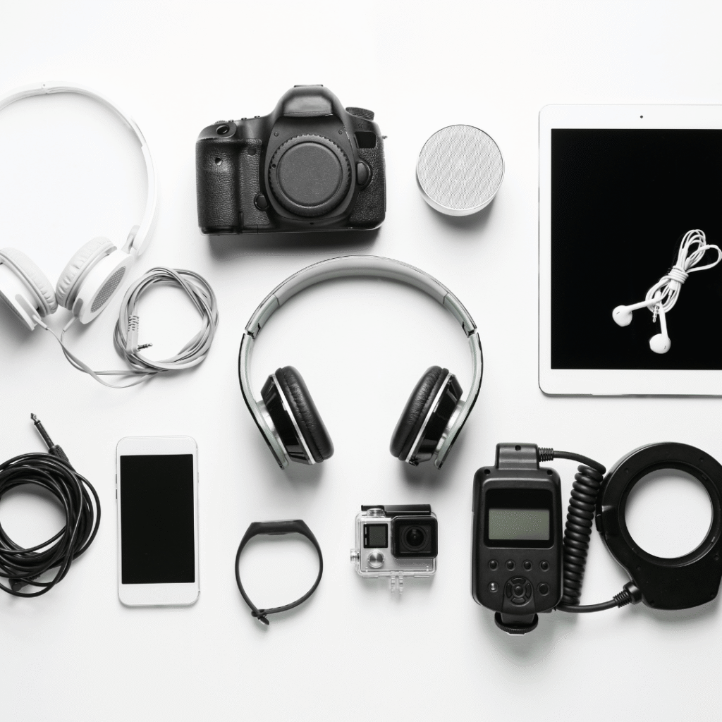 Travel electronics and gadgets including headphones, power banks, and adapters